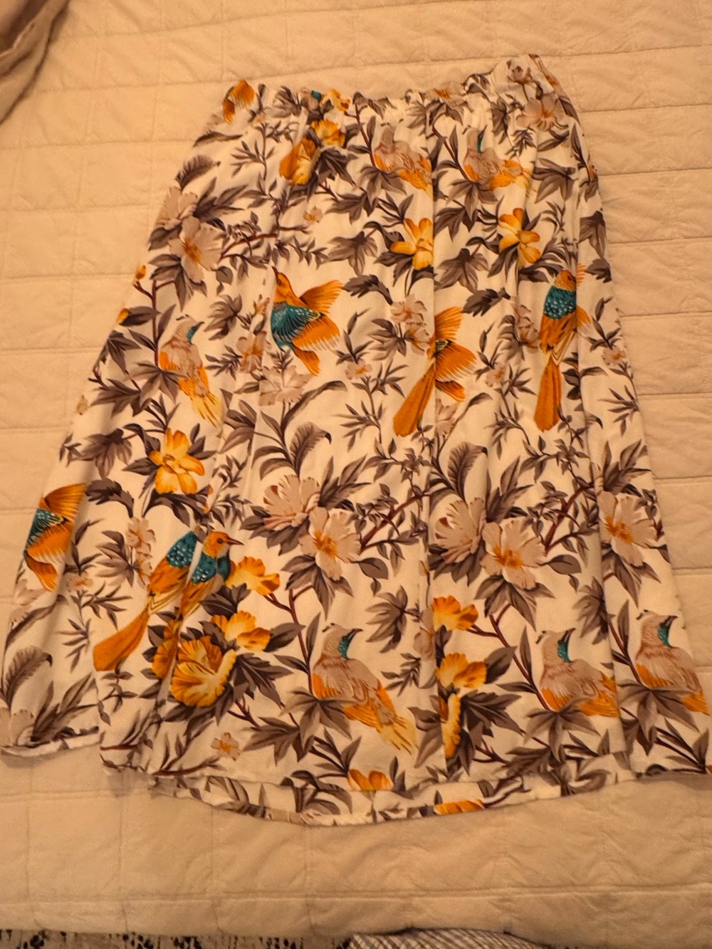 Floral Bird Print White A-Line Skirt
